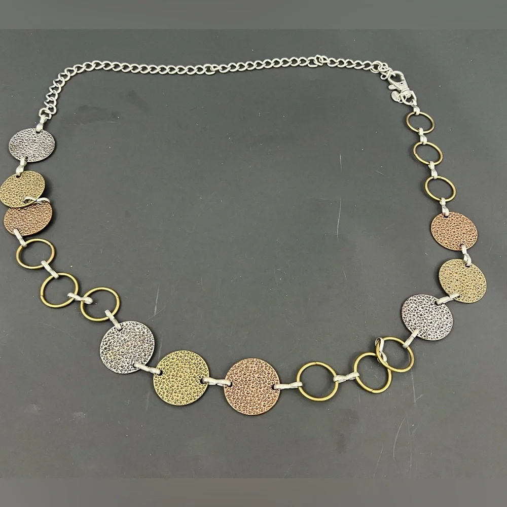 Vtg Women Chain LInk Belt Necklace Chunky Tri-Tone Mixed Metal Boho‎ Statement